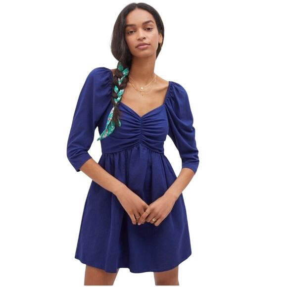 Anthropologie Dresses & Skirts - Anthro forever that girl navy puff sleeve ruched linen mini dress a line